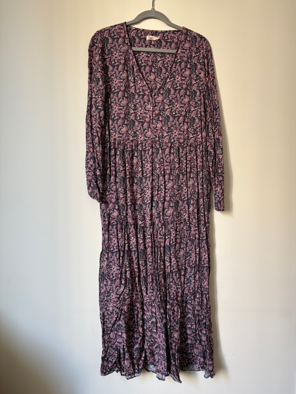 Faherty Floral V-Neck Long Sleeve Maxi Dress - Pink & Black